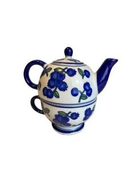 April Cornell Individual Tea Pot & Lid with Cup Blueberry Pattern Discontinued